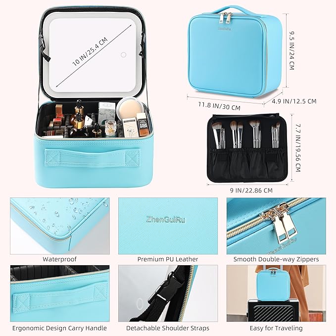 Travel Makeup Bag with LED Mirror – Waterproof Cosmetic Train Case with Adjustable Dividers, Portable Makeup Organizer and Toiletry Bag for Women, Teens & Girls Gift, Blue