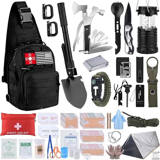 Survival Kit, Gifts for Christmas Men, Women, 251pcs Emergency Survival Gear and Supplies Equipment, First Aid Kit with Crossbody Bag, Camping Essentials for Earthquake, Hiking, Outdoor Adventure