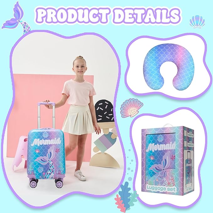 Cute Mermaid Kid’s Luggage Set 5 Piece Suitcase Set 16’’ Hardside Luggage with Spinner Wheels Girls Carry on Toddler Luggage Travel Rolling Suitcase Airline Approved