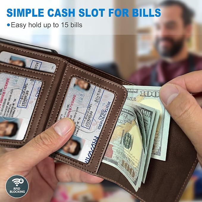 Wallet for Men,with Cash Pocket 2 ID Window 9-13 Cards,Metal Case Smart Slim Pop Up Credit Card Holder Flip with Magnetic Closure RFID Blocking Trifold wallet with Gift Box