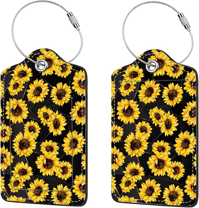 2 Pcs Luggage Tags for Suitcase, Cute Unique PU Leather Travel Bag Tag with Privacy Cover ID Label Address Card and Durable Metal Ring Suitable for Men Women Children Backpack,Sunflower