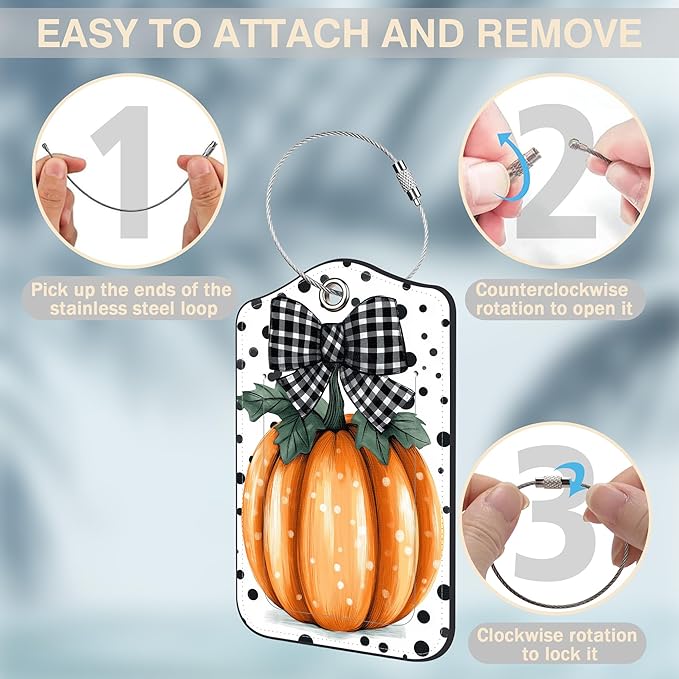 2 Pcs Pumpkin with Checkered Bow Luggage Tags for Suitcases Polka Dots PU Leather Baggage Tags Name ID Label with Privacy Cover and Stainless Steel Loop for Men Women Travel Bag Suitcase