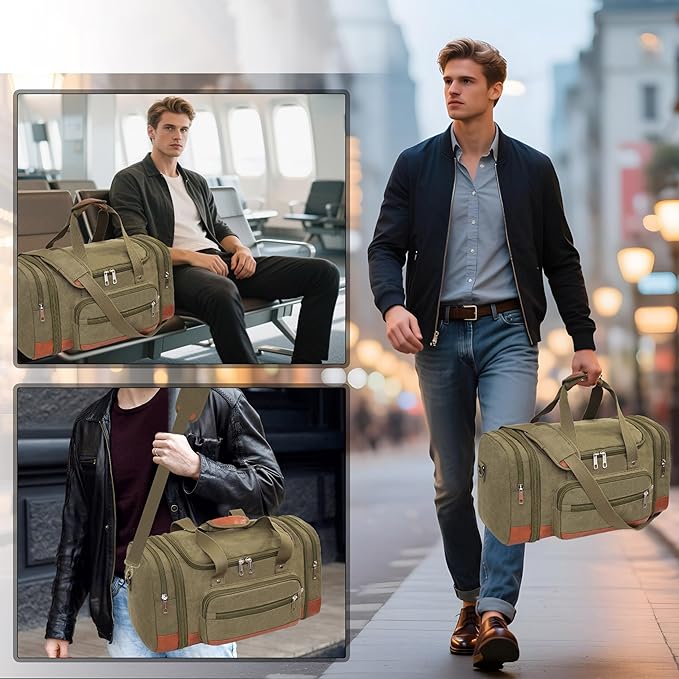 Men'S Duffle Bag For Travel, Expandable Canvas Duffel Bags Overnight Weekend Gym Carry On Luggage Bag For Men(Green)
