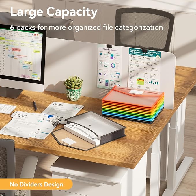 ABC life 6 Pack Plastic Expanding File Folder, Folders for Documents with Snap Closure, Colorful File Folder Organizer Holder, Transparent Accordion File Pouch,Large Capacity, Fit Letter/A4 Size