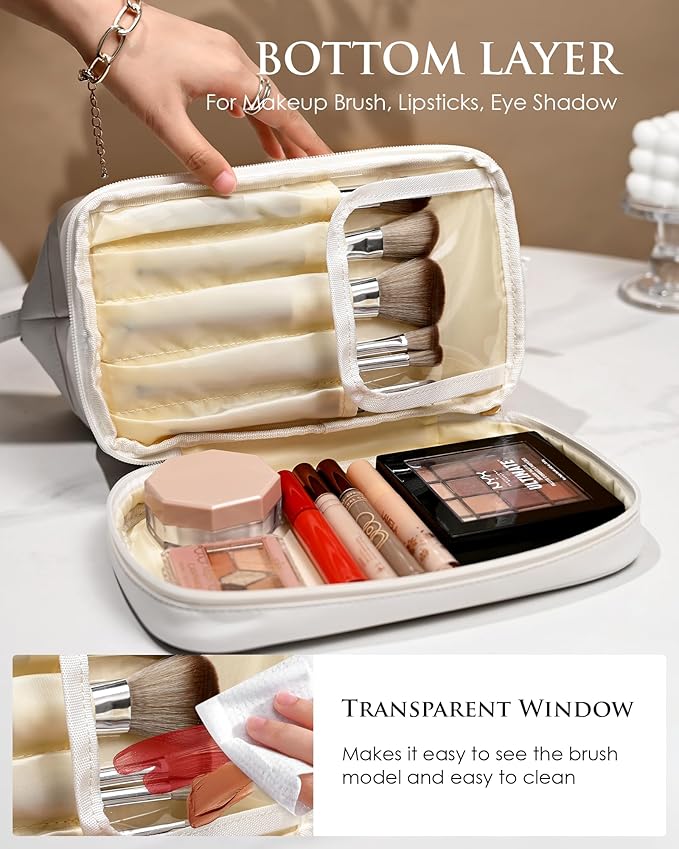 Initial Makeup Bags, Friend Gifts, Teen Birthday Gifts College Essentials Cosmetic Bag with Makeup Brush Organizer, Waterproof, Large Capacity Travel Toiletry Bag, Birthday Gifts for Girls