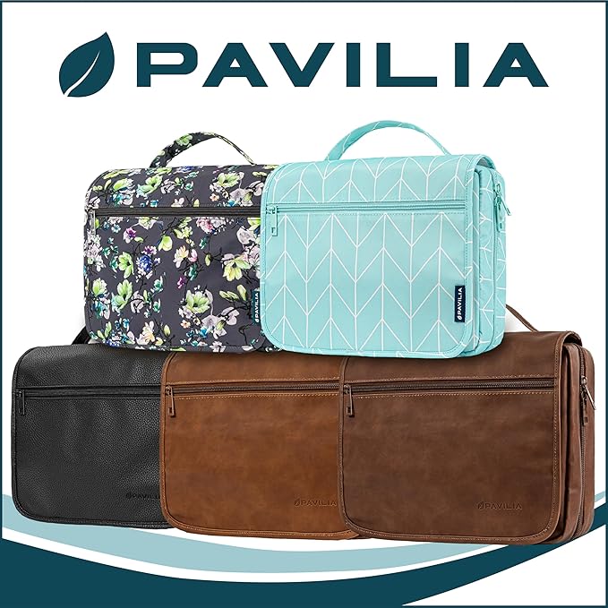 PAVILIA Hanging Toiletry Bag Women Men, Foldable Cosmetic Organizer Travel Bag, Water Resistant Makeup Bag Toiletries, Large Travel Essentials Kit (Teal Chevron)