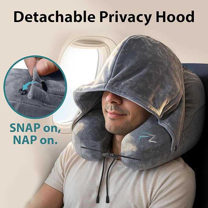 Air Inflatable Neck Pillow for Traveling on Plane - H-Shape Hooded Travel Pillow with 5 Snooze Modes, Fast Inflation, Pressure Control, Cozy Clip-On Hood & Plushy Cover - Size L, Silver Gray
