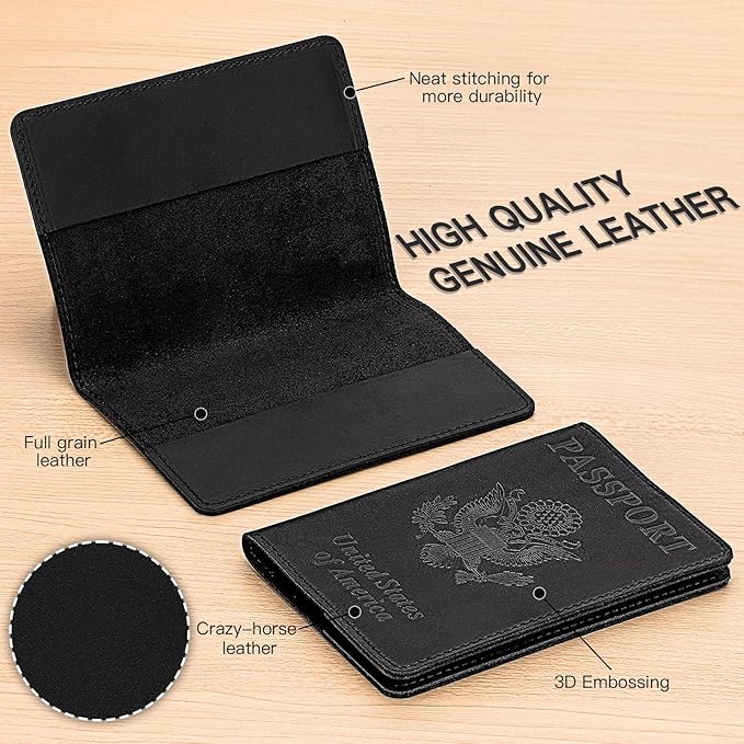 BIAOTIE Premium Leather Passport Holder Covers, Rfid Travel Wallet Passport Document Holder, Travel Essentials Wallet Cover Case for Men and Women (Black)