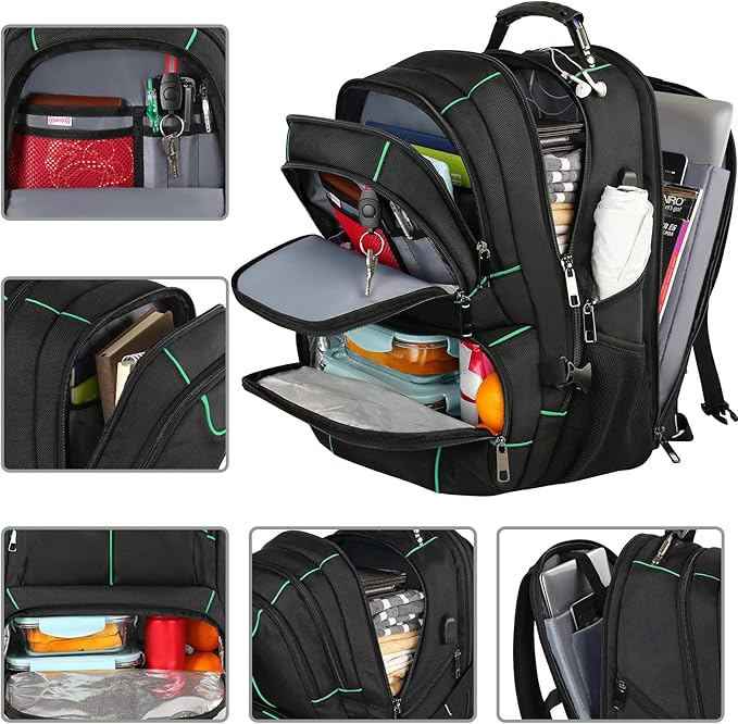VECKUSON Laptop Backpack, 15.6 Inches, Green, Unisex, Waterproof, USB Charging Port, Insulated, TSA Approved, Anti-Theft, Durable Polyester Nylon Fabric