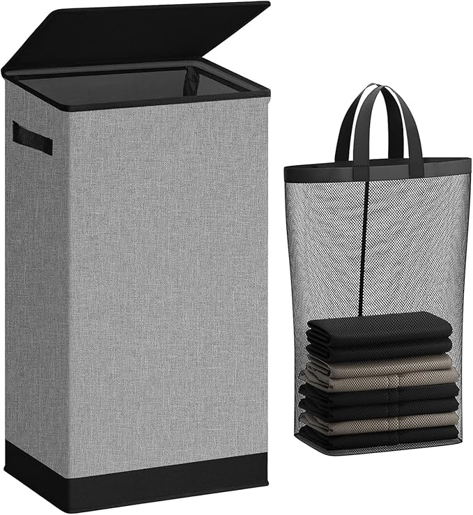SOLEDI Laundry Hamper with Lid 100L Large & Tall Collapsible Laundry Basket, Clothes Hamper with Bag Removable Easy to Carry, Dirty Hampers for Bedroom, Bathroom, Dorm, College, Grey