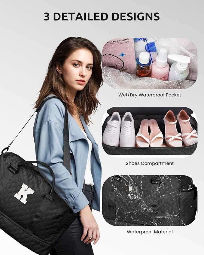 Granddaughter Gifts-Initial Duffle Bag with Shoe Compartment, Personalized Weekender Bag, Overnight Bag, Letter Travel Bag with Makeup Bag，Birthday Gift Graduation Gifts for Her (Letter T)