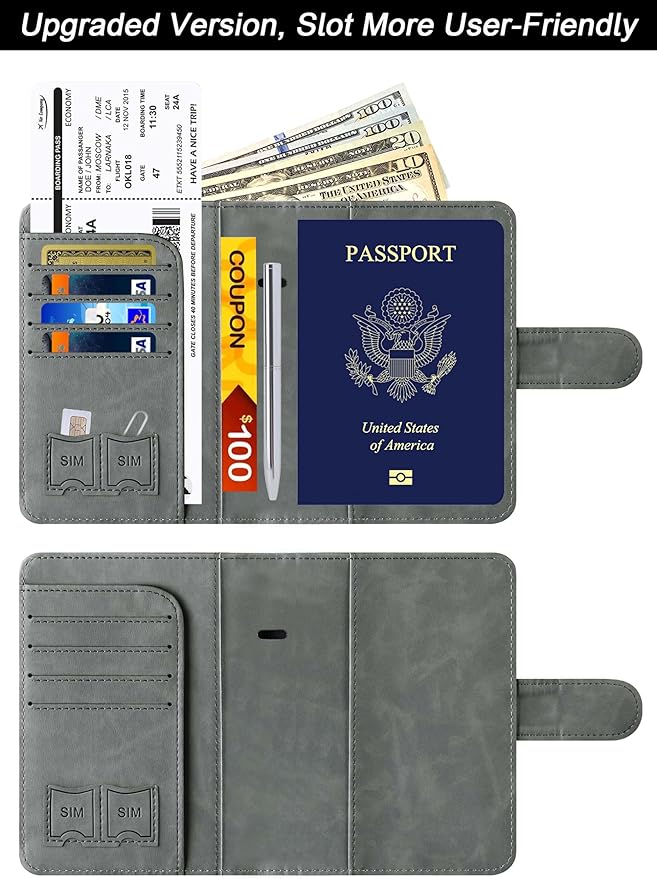 Airtag Passport Holder Cover Wallet Travel Essentials Leather Rfid Blocking Case Vacation Luggage Must Haves Travel Accessories for Men Women (117#Grey)