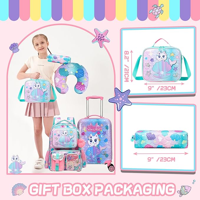 Cute Cat Kid’s Luggage Set 5 Piece Suitcase Set 16’’ Hardside Luggage with Spinner Wheels Girls Boys Carry on Toddler Luggage Travel Rolling Luggage Airline Approved
