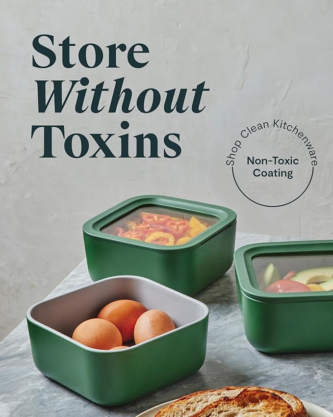 Caraway Glass Food Storage - 4.4 Cup Ceramic Coated Food Container - Non Toxic, Non Stick Lunch Box with Glass Lids. Dishwasher, Oven, & Microwave Safe - Navy