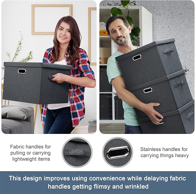 Medium 15" 21 Quart Collapsible Stackable Storage Bins with Lids, 3 Packs Dark Grey Foldable Fabric Closet Boxes Heavy-duty Linen Cube Baskets Container for Bedroom Office (15 x 11 x 8)