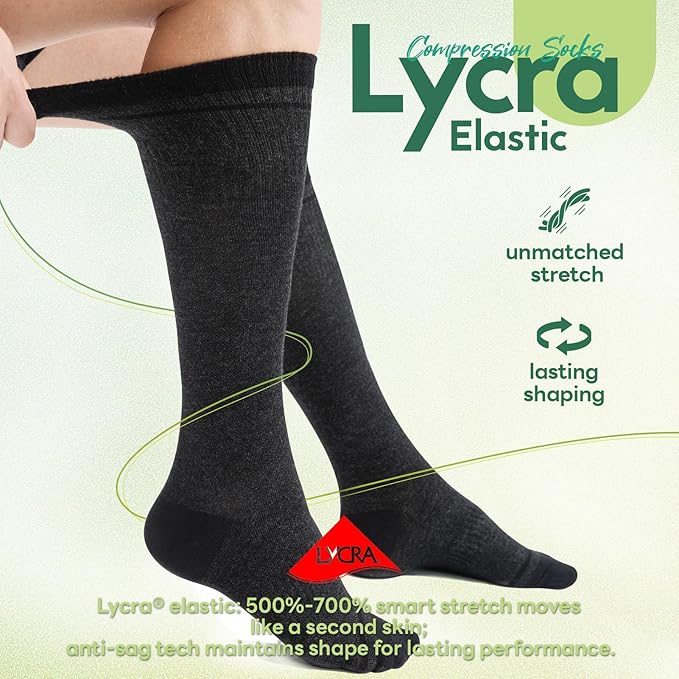 Mens Compression Socks for Men Women, 15-20 mmHg Bamboo Viscose Knee High Soft Support for Travel Daily