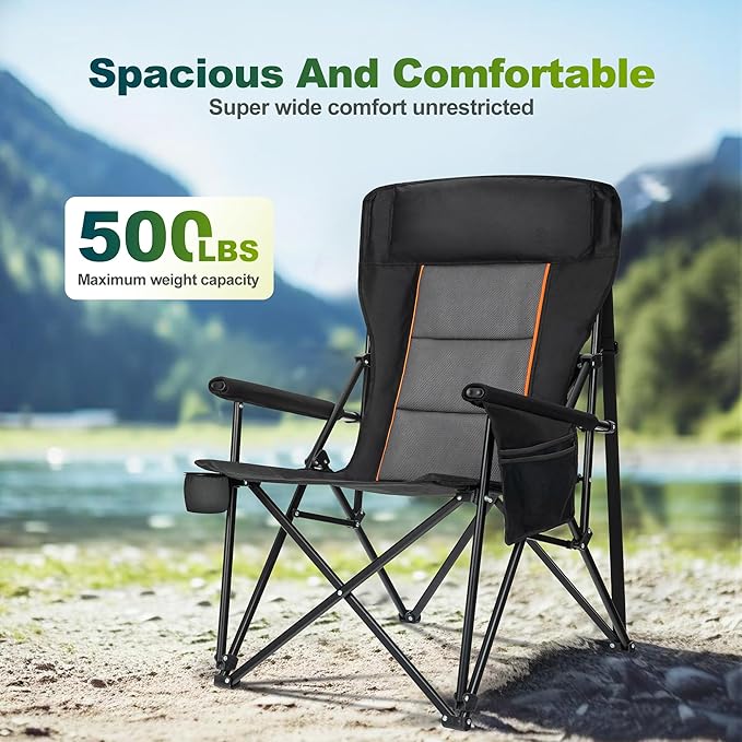 ALPHA CAMP Oversized Folding Camping Chairs for Adults High Backrest Heavy Duty Lawn Chairs Support 500 LBS Portable Camp Chairs with Cup Holders Large Side Pocket Outdoor Chair 2 Pack