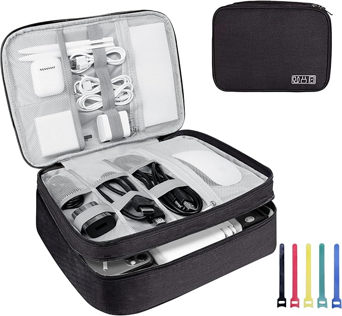 Electronics Travel Organizer,Large Double Layer Portable Waterproof Travel Organizer Bag for Charging Cable Storage,Ipad,Power Bank,Hard Drive etc,for Travel,Business,5pcs Cable Ties-Black