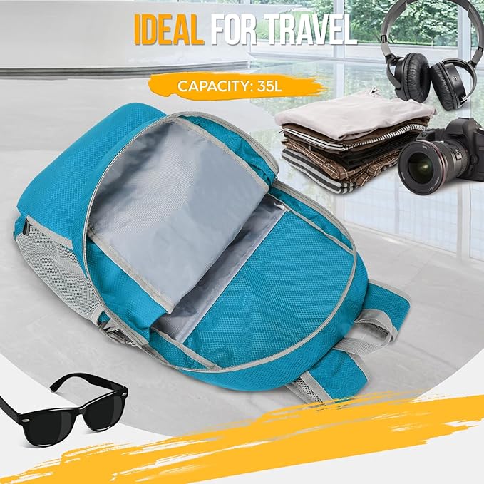 ZOMAKE Lightweight Packable Backpack 35L, Light Foldable Backpacks Water Resistant Collapsible Hiking Bag, Compact Folding Day Pack for Travel Camping(Light Blue)