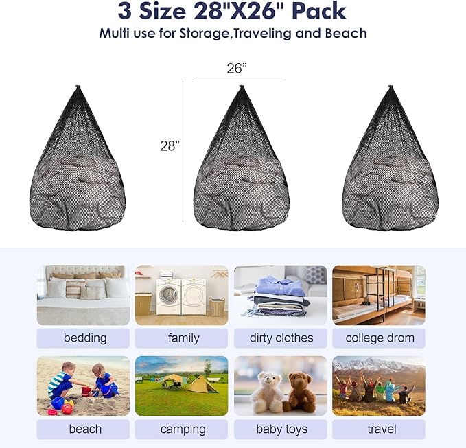 3Pcs Mesh Laundry Bags Washing Machine Mesh Wash Bags Jumbo for Delicates Clothes,Bed Linen,Toys with Drawstring Closure Sturdy (Black, Jumbo 3 pcs)