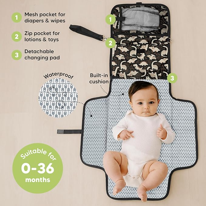 KeaBabies Portable Diaper Changing Pad - Large Waterproof Baby Changing Mat, Compact Travel Diaper Clutch, Functional Pockets Fit Newborn Essentials, Wipeable & Padded Baby Changer (Dino Ridge)
