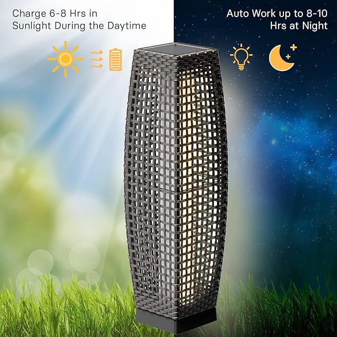 Grand patio 2-Piece Outdoor Floor Lamp Solar Powered Lantern Water-Resistant Wicker Deck Patio Light, Lamp Large-Sized for Garden or Porch-Large Fuji, Silver Gray