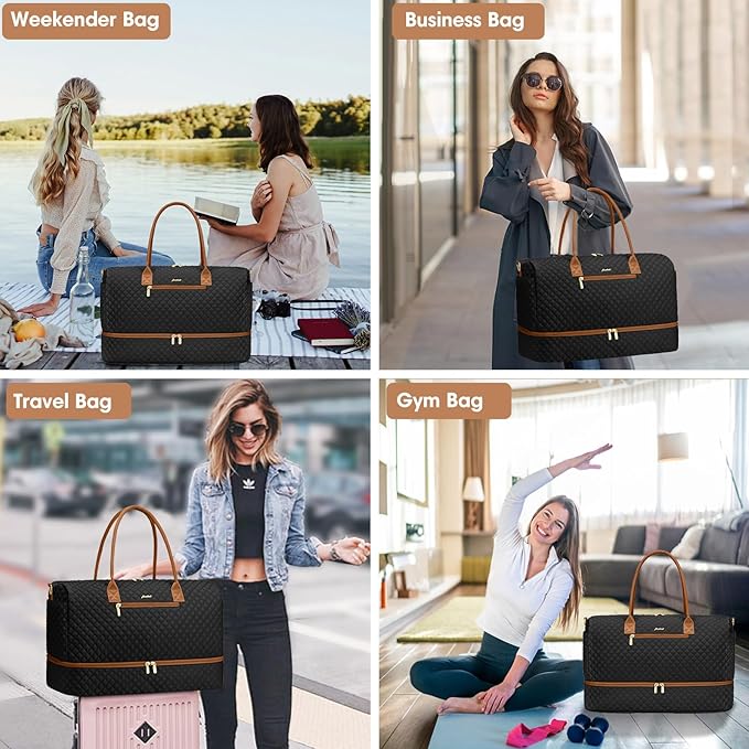 Travel Bag Weekender Bags for Women - Carry on Overnight Bag with Shoe Compartment Duffle Bag with Laptop Pocket Hospital Bag for Labor Delivery Gym Tote Bag with Toiletry Bag Black Brown