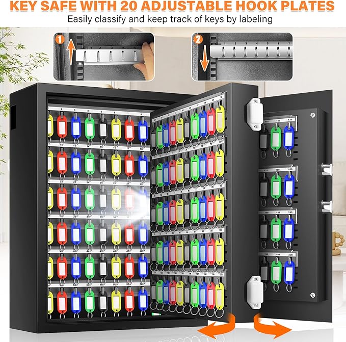 200 Keys Fireproof Key Safe with Hook Plates and Key Tags, Anti-Theft Key Lock Box Wall Mount with Combination Lock, Heavy Duty Key Box Key Cabinet Key Organizer for Home Office Garage