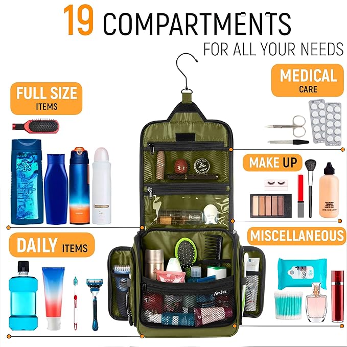 Travel Toiletry Bag for Men and Women - Large Hanging Toiletry Organizer - Waterproof Hygiene Bag with Metal XXL Swivel Hook, with Sturdy Zippers and 19 Compartments for Toiletries, Makeup, Cosmetics