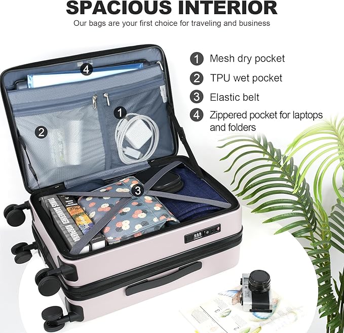 KROSER Carry On Luggage with Spinner Wheels & Built-in TSA Lock, Expandable Top Loading Hard Shell Suitcase Large Capacity Durable Rolling Luggage with USB Port, Carry-On 20-Inch, Matte Purple/Pink