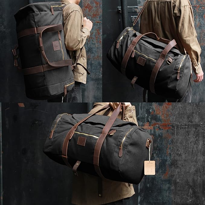 Vintage Canvas Duffle Bag, 50L Genuine Leather Travel Duffel Backpack Multifunctional Overnight Weekender Bag with Shoes Compartment Men (Black)