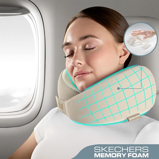Skechers Men's Memory Foam Neck Pillow, Comfortable & Breathable Travel Pillow, Neck Pillow Airplane for Travel, Car Rides, Home, and Office Use, Ergonomic Design for Men and Women,Beige