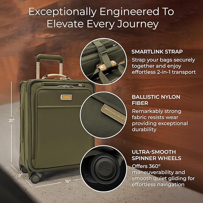 Briggs & Riley 21" Global Carry On Expandable Spinner - Luggage for International Travel, Suitcases with Wheels, Softside Rolling Bag for Men & Women, Self-Repairing Zipper- Baseline Collection, Olive
