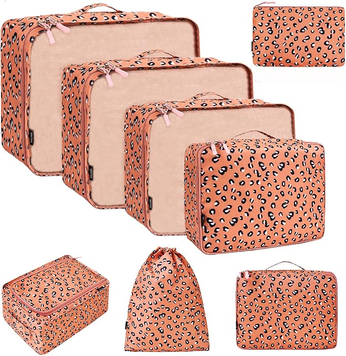 BAGAIL 8 Set Packing Cubes Luggage Packing Organizers for Travel Accessories-Pink Leopard