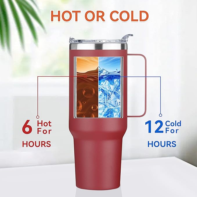 HASLE OUTFITTERS 40 oz Stainless Steel Tumbler with Handle, Vacuum Insulated Tumblers Bulk, Reusable Double Wall Travel Coffee Mug, Durable Powder Coated Water Bottles(Wine Red, 8)