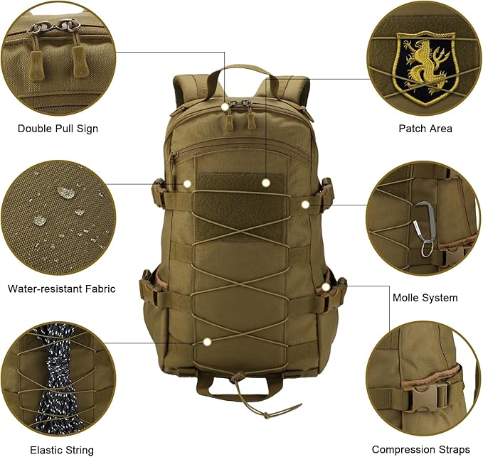 25L Hiking Backpack Small Tactical Backpack Daypack Camping Trekking Hunting Molle Pack for Men Women, Khaki