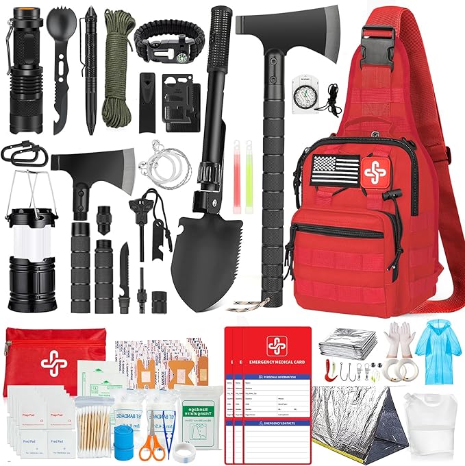 Survival Kit, 262Pcs Survival Gear and Supplies with First Aid Kit Pouch and Crossbody Bag, Emergency Kit with Tent, Camping Axe Hammer, Survival Shovel w/Pick, Bug Out Bag Gifts for Men Women