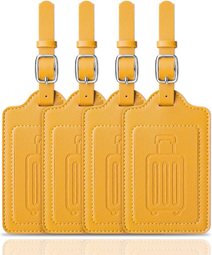 Teskyer Luggage Tags for Suitcases, TSA Approved with Privacy Protection Cover, Premium Faux Leather Bag Tags for Travel - 4 Pack, Yellow