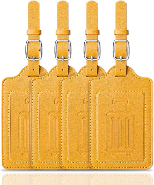 Teskyer Luggage Tags for Suitcases, TSA Approved with Privacy Protection Cover, Premium Faux Leather Bag Tags for Travel - 4 Pack, Yellow