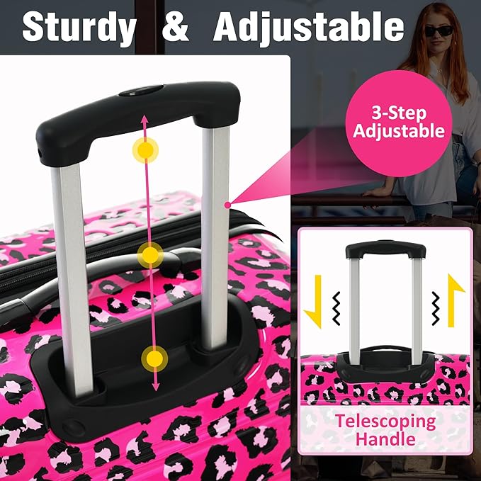 Merax Luggage Sets 3 Piece, Hardside Expandable Suitcase Set with Spinner Wheels, Lightweight Leopard Luggage 20+24+28 IN, Leopard Hot Pink