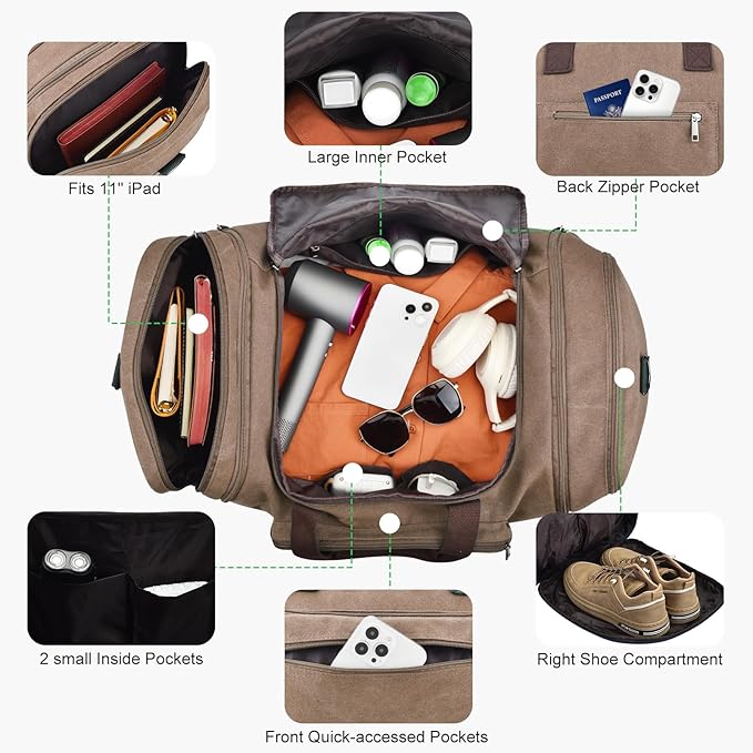 Felipe Varela 60L Duffle Bag for Men, Large Expandable Canvas Duffel Bag for Travel, Mens Carry On Luggage Bag Traveling Weekender Gym Overnight Bags for Airplanes, Coffee