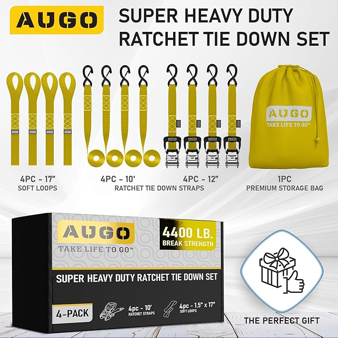 AUGO Heavy Duty Ratchet Straps & Soft Loops – Pack of 4 Extra Strong 1.5” by 10’ Ratchet Straps w/S-Hook Safety Latches & 4 Soft Loop Tie Downs – 4400Lb Break Strength for Motorcycles, ATVs, Etc.