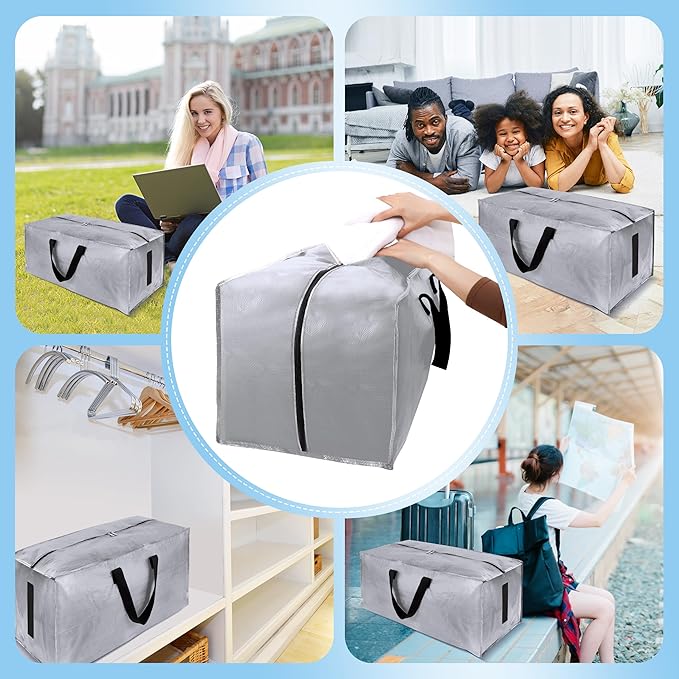 12 Pack Large Strong Moving Bags with Zippers & Carrying Handles - Water-Resistant - Heavy Duty Storage Tote for Space Saving Moving Storage, Fold Flat, Alternative to Moving Box (Silver)