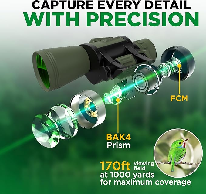 Binoculars with Phone Bracket Adapter, Militar, 20x50, Adults, High Power Waterproof with Low Light Night Vision for Hunting, Travel, Games, Bird, Carrying Case Strap.