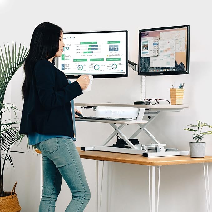 VRSADESK PowerPro™ Electric Standing Desk Converter - Height Adjustable Desk Riser with Keyboard Tray - Holds 80 lbs - Built-in USB Charging Port - Ergonomic Sit Stand Workstation | White (36 inch)