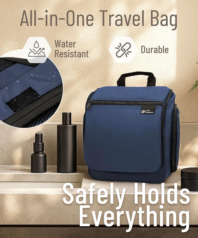 D&D Hanging Travel Toiletry Bag for Men and Women – Large Cosmetics, Makeup and Toiletries Organizer Kit with 10 Compartments, YKK Zippers, XXL Metal Swivel Hook, Water-Resistant Nylon