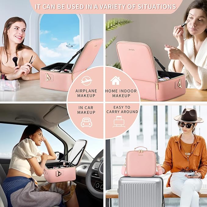 Travel Makeup Bag Cosmetic Organizer Bag with Lighted Mirror, Waterproof Makeup Bag with Light Up Mirror, Travel Makeup Case for Cosmetic Brush Holder Storage, Large Toiletry Bag Women Gift
