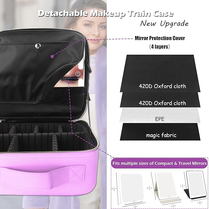 MOMIRA Travel Makeup Bag Cosmetic Bag Makeup Organizer Bag with Lighted Mirror, Adjustable Brightness in 3 Color Scenarios, Waterproof Makeup Train Case, Gift for Women - Purple