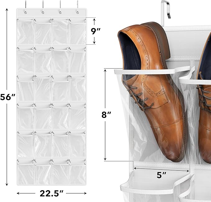 Simple Houseware 24 Pockets Large Clear Pockets Over The Door Hanging Shoe Organizer, White (56" x 22.5")