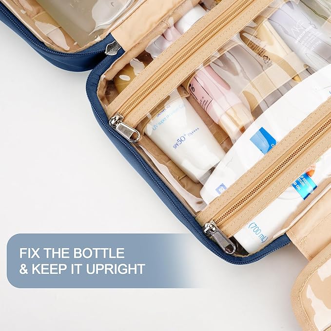 Travel Hanging Toiletry Bag for Women, with Jewelry Organizer Compartment, Medium Waterproof Hanging Makeup Accessories, Cosmetic Essentials, Toiletries Dopp Kit Set with Trolley Belt, Navy Blue